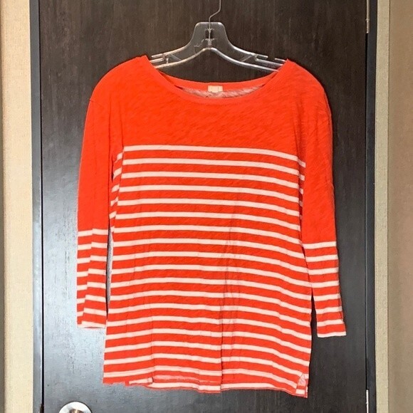 J. Crew Womens Orange White 3/4 Sleeve Scoop Neck Striped T-shi… - Picture 1 of 7